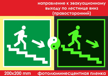 E13 направление к эвакуационному выходу по лестнице вниз (правосторонний) (фотолюминесцентная пленка, 200х200 мм) - Знаки безопасности - Фотолюминесцентные знаки - магазин "Охрана труда и Техника безопасности"